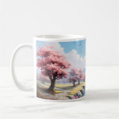 Een berg, rivier en een boom in de lente koffiemok (Links)