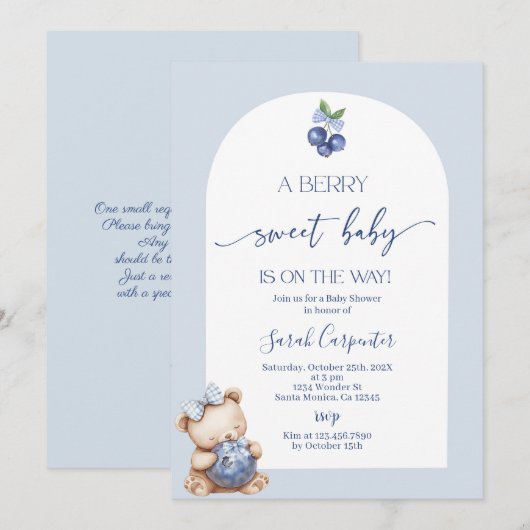 Een Berry Sweet Baby Blueberry Baby shower Invitat Kaart (Voorkant / Achterkant)