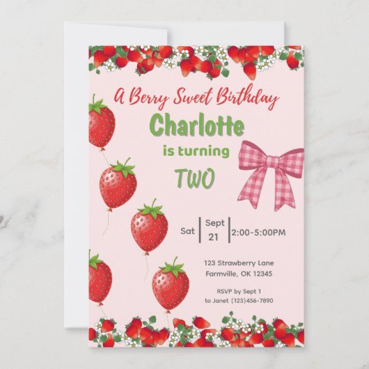 Een Berry Sweet Birthday - Strawberry Roze Uitnodi Kaart (Voorkant)