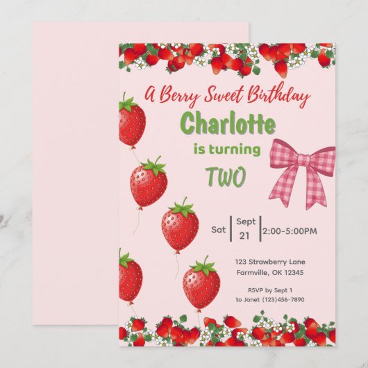 Een Berry Sweet Birthday - Strawberry Roze Uitnodi Kaart (Voorkant / Achterkant)