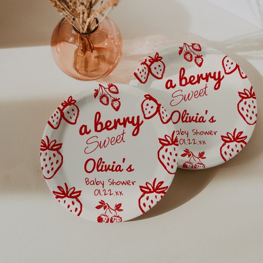 Een Berry Sweet Hand Drawn Aardbeien Baby shower Papieren Bordje