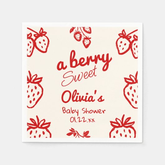Een Berry Sweet Hand Drawn Aardbeien Baby shower Servet (Voorkant)