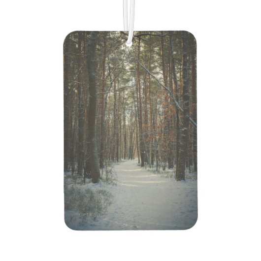 Een besneeuwd pad in een winter dennenbos luchtverfrisser (Achterkant)