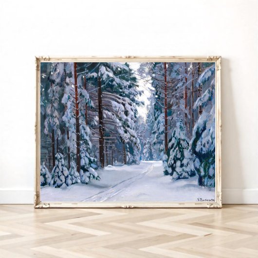 Een besneeuwd pad in het bos poster