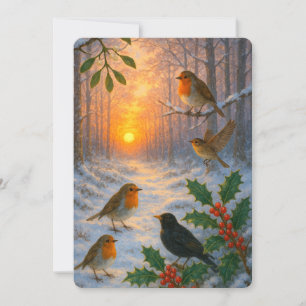 Een Besneeuwd Winter Bos Zonsopgang Kerstmis Feestdagenkaart
