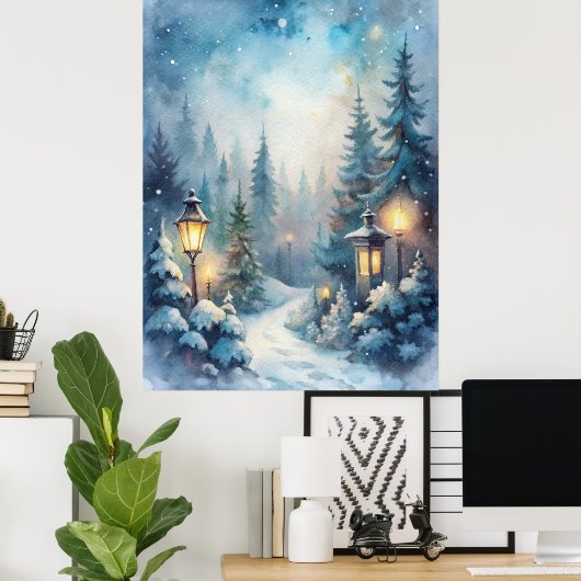 Een besneeuwde winterscène poster (Thuiskantoor)