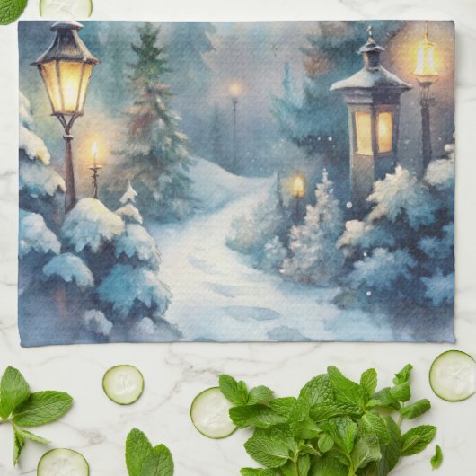 Een besneeuwde winterscène theedoek (Gevouwen)