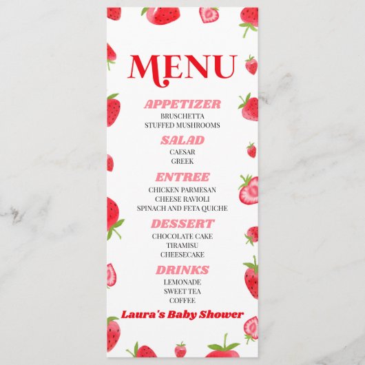 Een beszoete Baby Aardbei roze rood Baby shower Menu (Voorkant)