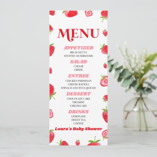 Een beszoete Baby Aardbei roze rood Baby shower Menu (Staand voorkant)