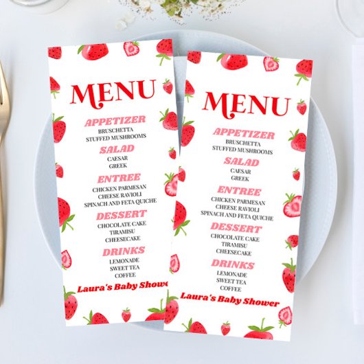 Een beszoete Baby Aardbei roze rood Baby shower Menu