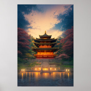Een betoverende Japanse tempel op zonsondergang Poster