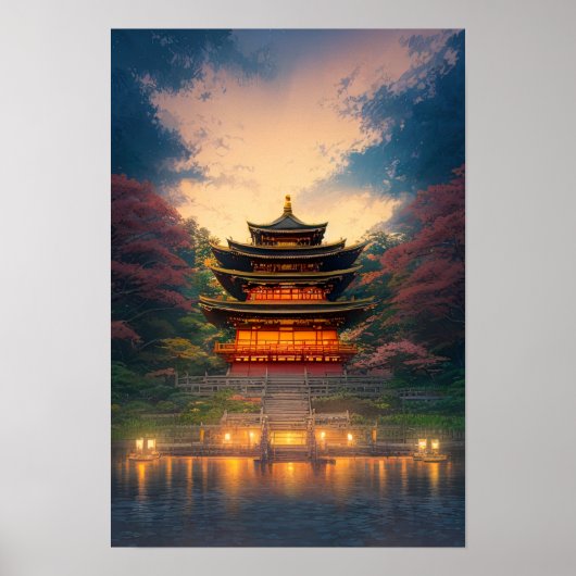 Een betoverende Japanse tempel op zonsondergang Poster (Voorkant)