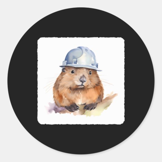 Een bever met een hard dier ingenieur hoofdkleding ronde sticker (Voorkant)
