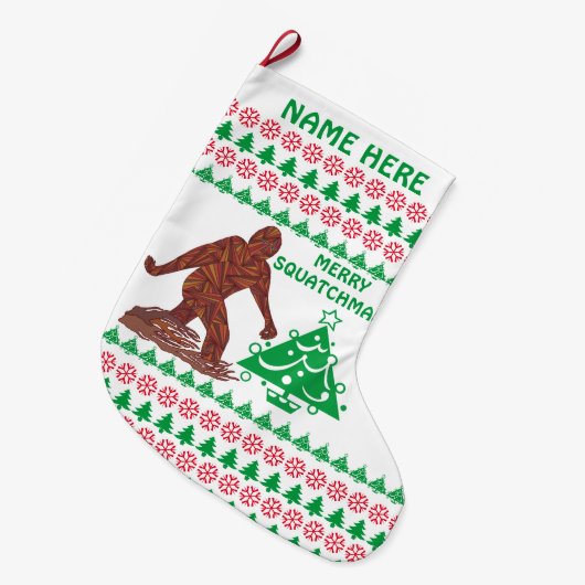 Een Bigfoot Walking Merry Squatchmas gepersonalise Grote Kerstsok (Voorkant (Hangend))
