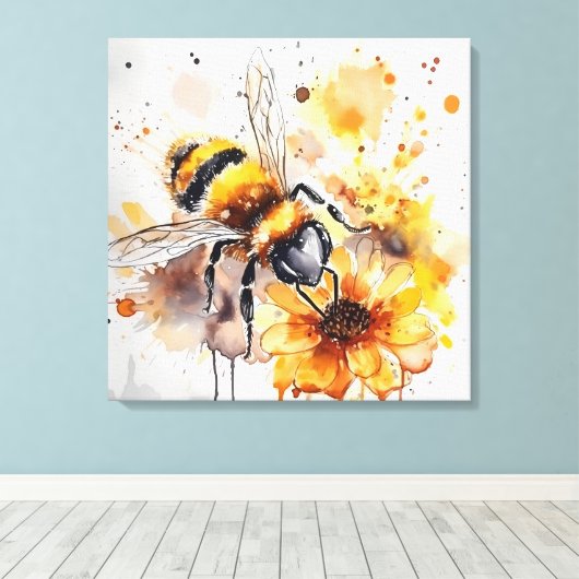 Een bij verzamelt honing op een bloem. canvas afdruk (Insitu (Houten vloer))