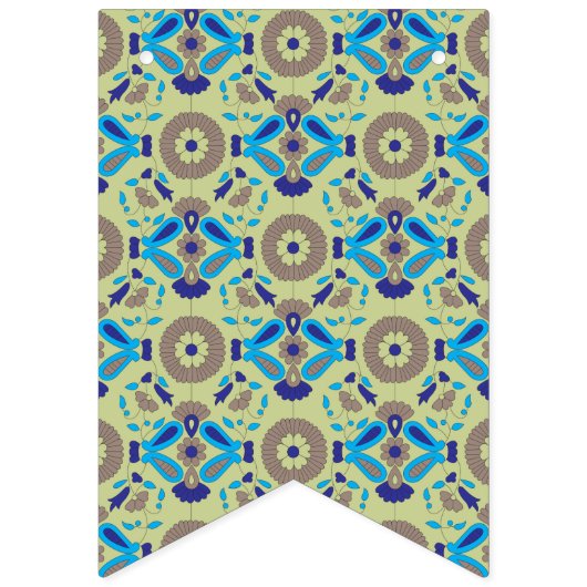 Een blauw en groen patroon op een groene achtergro vlaggetjes (Tweede vlag)