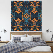Een blauw en oranje patterned behang canvas afdruk (Insitu (Slaapkamer))