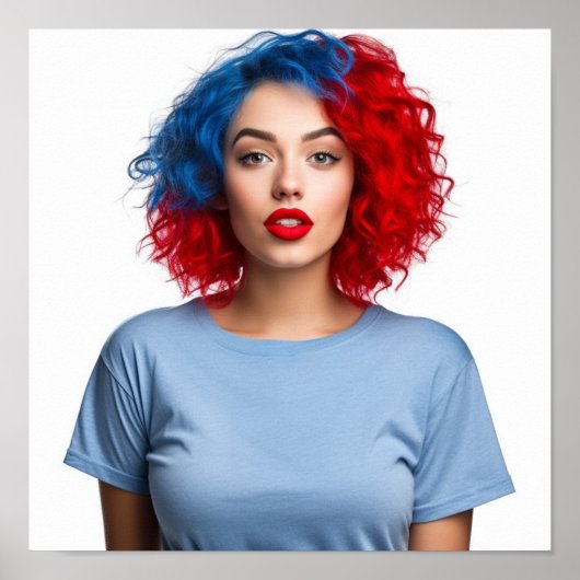Een blauw en rood haar model met Gildan T-shirt Poster (Voorkant)