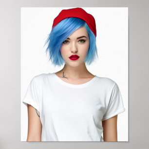Een blauw haarmodel met een Gildan tshirt Poster