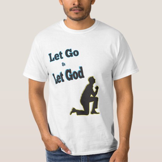 Een blauw Man die neeling bidt laat God los T-shirt (Voorkant)