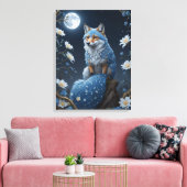 Een blauw-witte vos met bloemen en maan canvas afdruk (Insitu (Woonkamer))