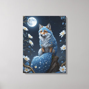 Een blauw-witte vos met bloemen en maan canvas afdruk
