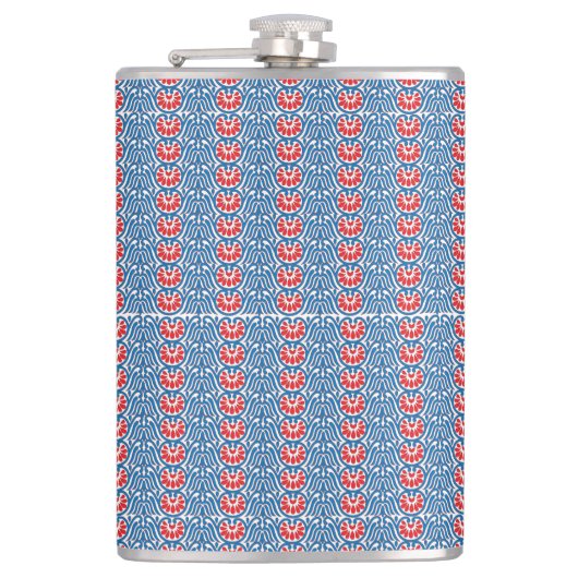 Een blauwe achtergrond met rode en witte design heupfles (Voorkant)