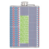 Een blauwe achtergrond met rode en witte design heupfles (Achterkant)