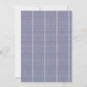 Een blauwe achtergrond met rode en witte design kaart (Achterkant)