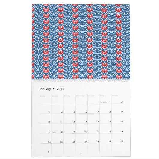 Een blauwe achtergrond met rode en witte design kalender (Jan 2027)