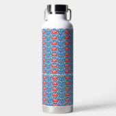 Een blauwe achtergrond met rode en witte design waterfles (Voorkant)