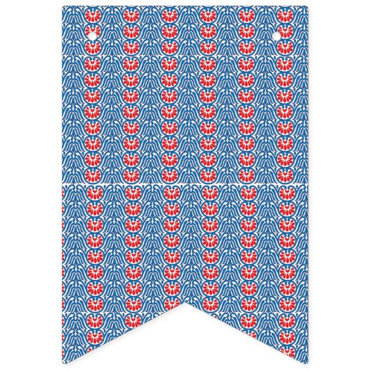 een blauwe achtergrond met rode en witte ontwerpen vlaggetjes (Tweede vlag)