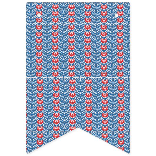 een blauwe achtergrond met rode en witte ontwerpen vlaggetjes (Eerste vlag)