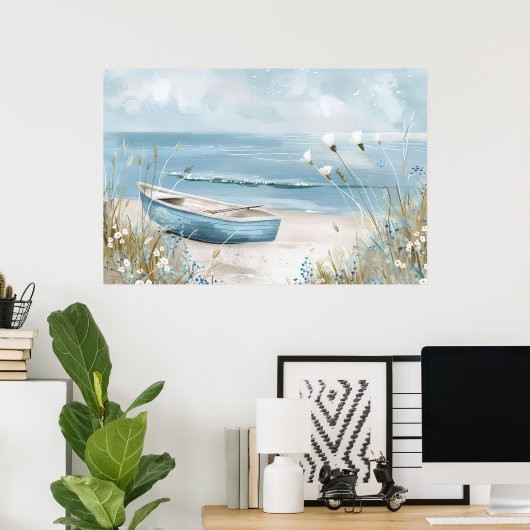 Een blauwe boot op een strand kustlandschap poster (Thuiskantoor)