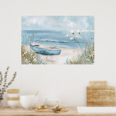 Een blauwe boot op een strand kustlandschap poster (Keuken)
