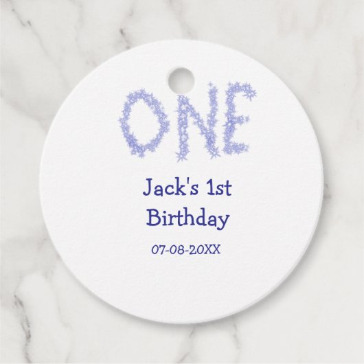 Een blauwe glitter jongen moderne 1e verjaardag bedankjes labels (Voorkant)