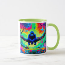 Een blauwe gorilla in een kleurrijk bos.