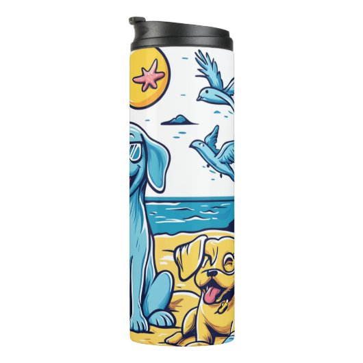 Een blauwe hond op het strand thermosbeker (Geroteerd rechts)