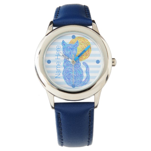 Een blauwe kat en de maan kat minnaar gepersonalis horloge (Voorkant)