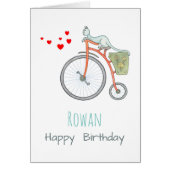 Een blauwe kat op een rode  fiets (Voorkant)