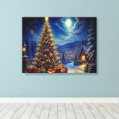 Een blauwe kerstscene in de straat van de buurt canvas afdruk (Insitu (Houten vloer))