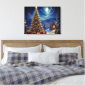 Een blauwe kerstscene in de straat van de buurt canvas afdruk (Insitu (Slaapkamer))
