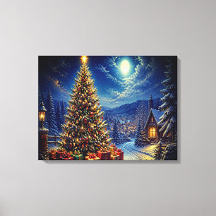 Een blauwe kerstscene in de straat van de buurt canvas afdruk