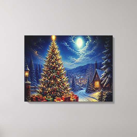 Een blauwe kerstscene in de straat van de buurt canvas afdruk (Voorkant)