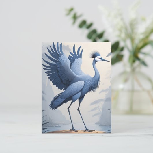 Een blauwe kraan met vleugels verspreid briefkaart (Staand voorkant)