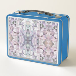 Een blauwe lunchbox met een caleidoscopisch geomet