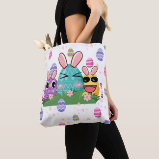 Een blauwe paasmand met paarse en gele eicel tote bag