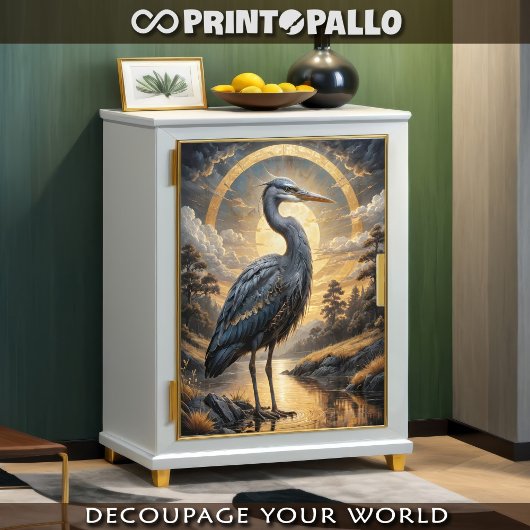 Een blauwe reiger in een gouden fantasiemeer tissuepapier