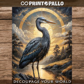 Een blauwe reiger in een gouden fantasiemeer tissuepapier