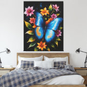 Een blauwe vlinder op een bloem canvas afdruk (Insitu (Slaapkamer))